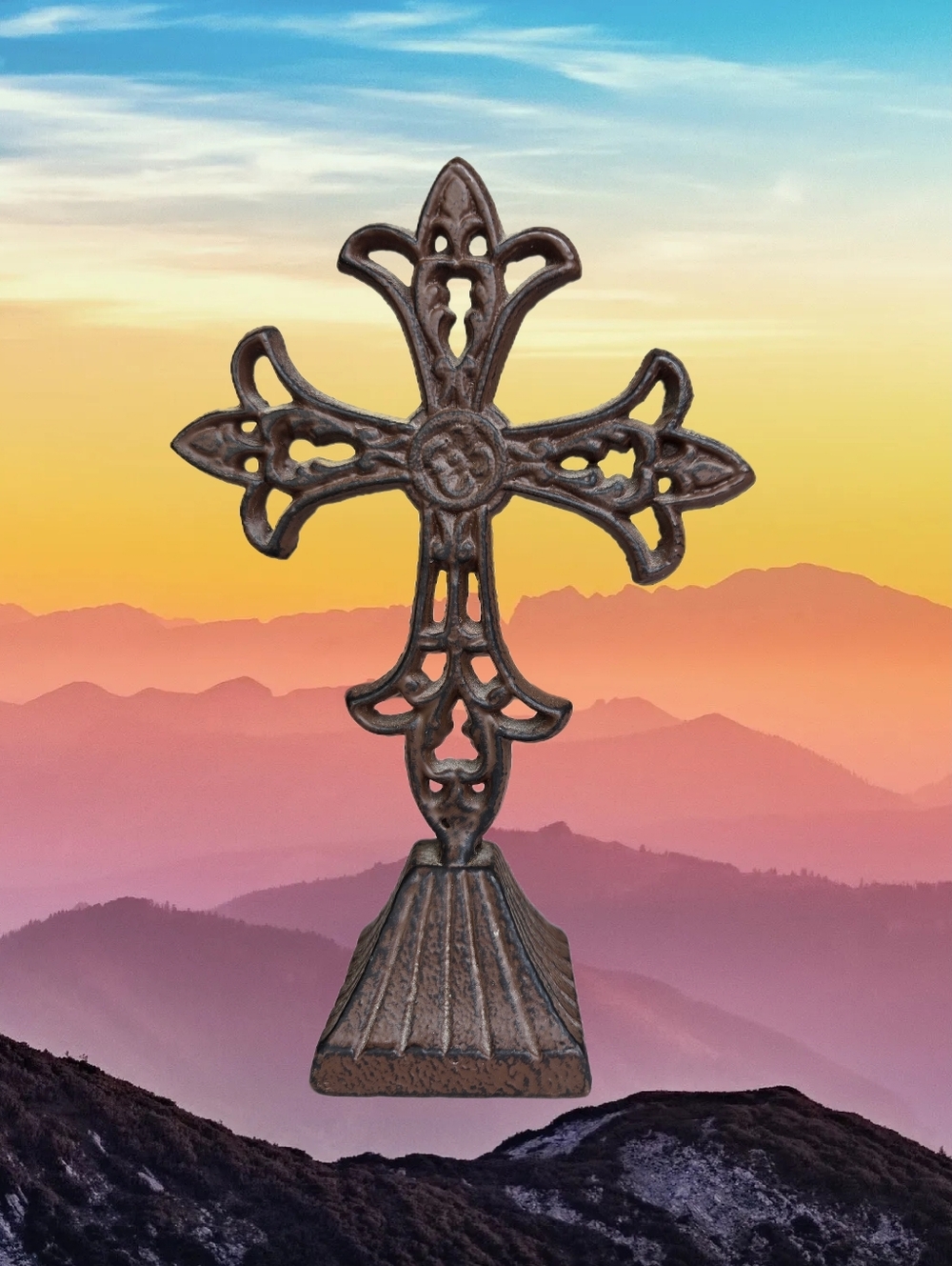 Fleur-De-Lis Design Rustic Cross Brown Black Cast Iron Metal Distressed Edges